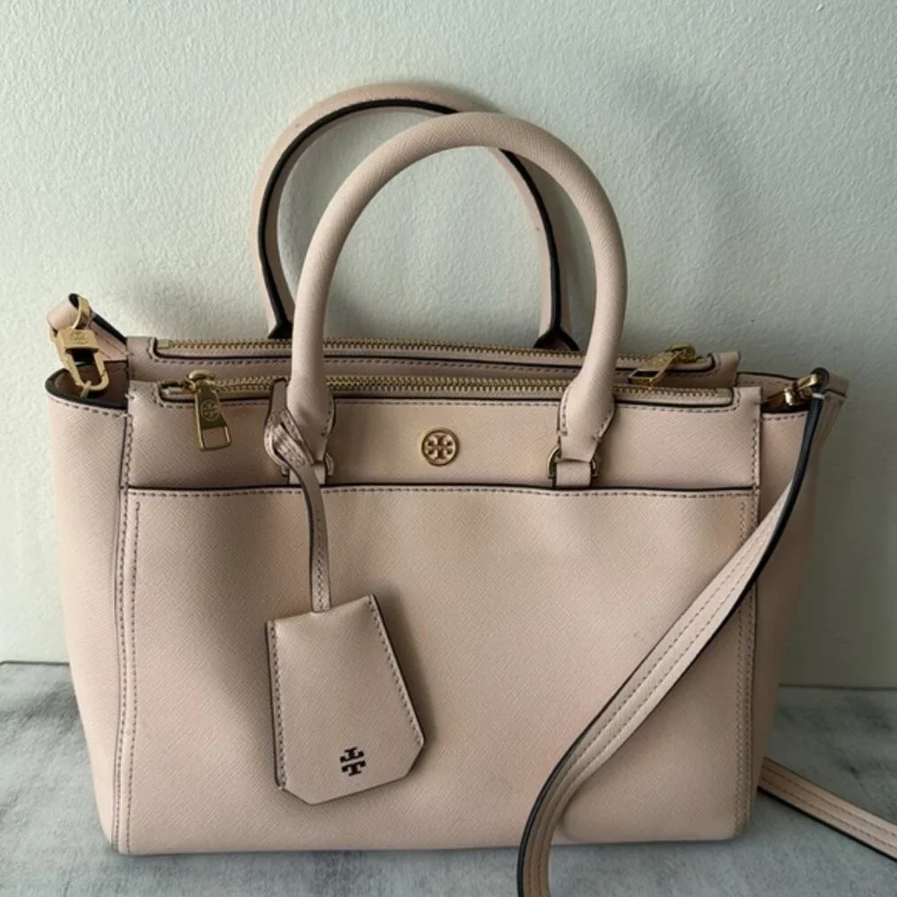 Tory Burch Double Zip Saffiano Leather Pink Tote Handbag Cossbody